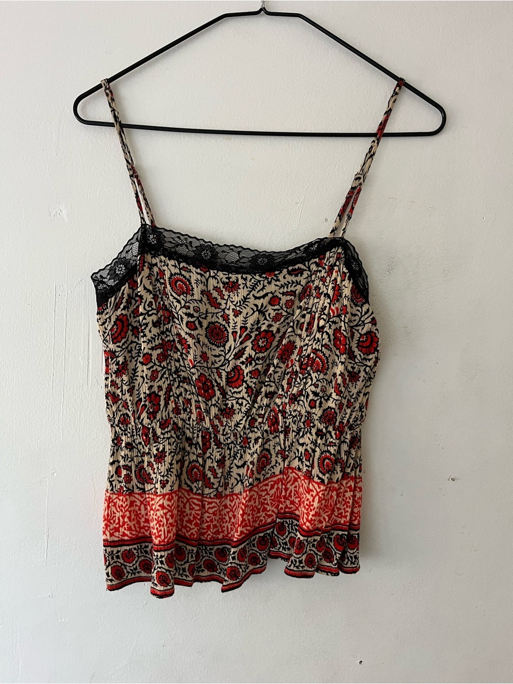 Floral Print Lace-Trim Cami Tank Top - Red/Black